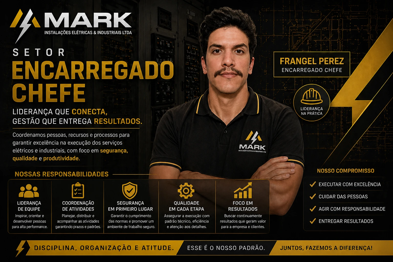 Homenagem da MARK a Frangel Perez, encarregado geral, destacando liderança, coordenação, segurança, qualidade e foco em resultados
